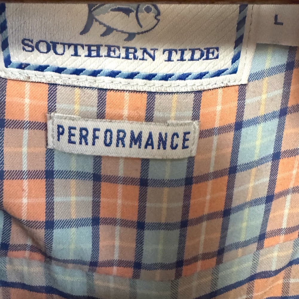 Southern Tide Performance Shirt Mens Large Orange Blue Plaid Excellent Skipjack - Picture 5 of 8